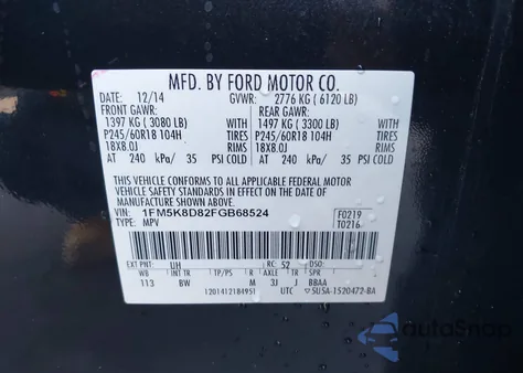2015 Ford Explorer Xlt from USA, damaged, VIN 1FM5K8D82FGB68524